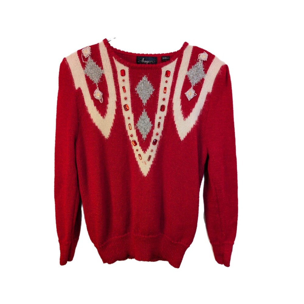 Women's Vintage Angenie Crewneck Embellished Wool Blend Sweater MCM Red L/XL
